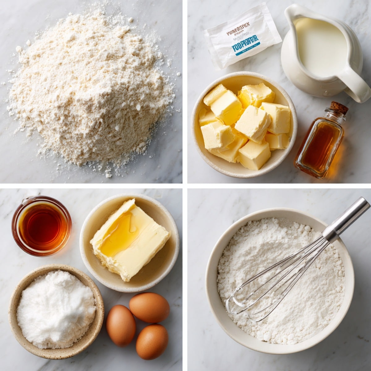 Ingredients for Maple Donut Bars arranged in a 4-panel flat lay on a wooden surface.