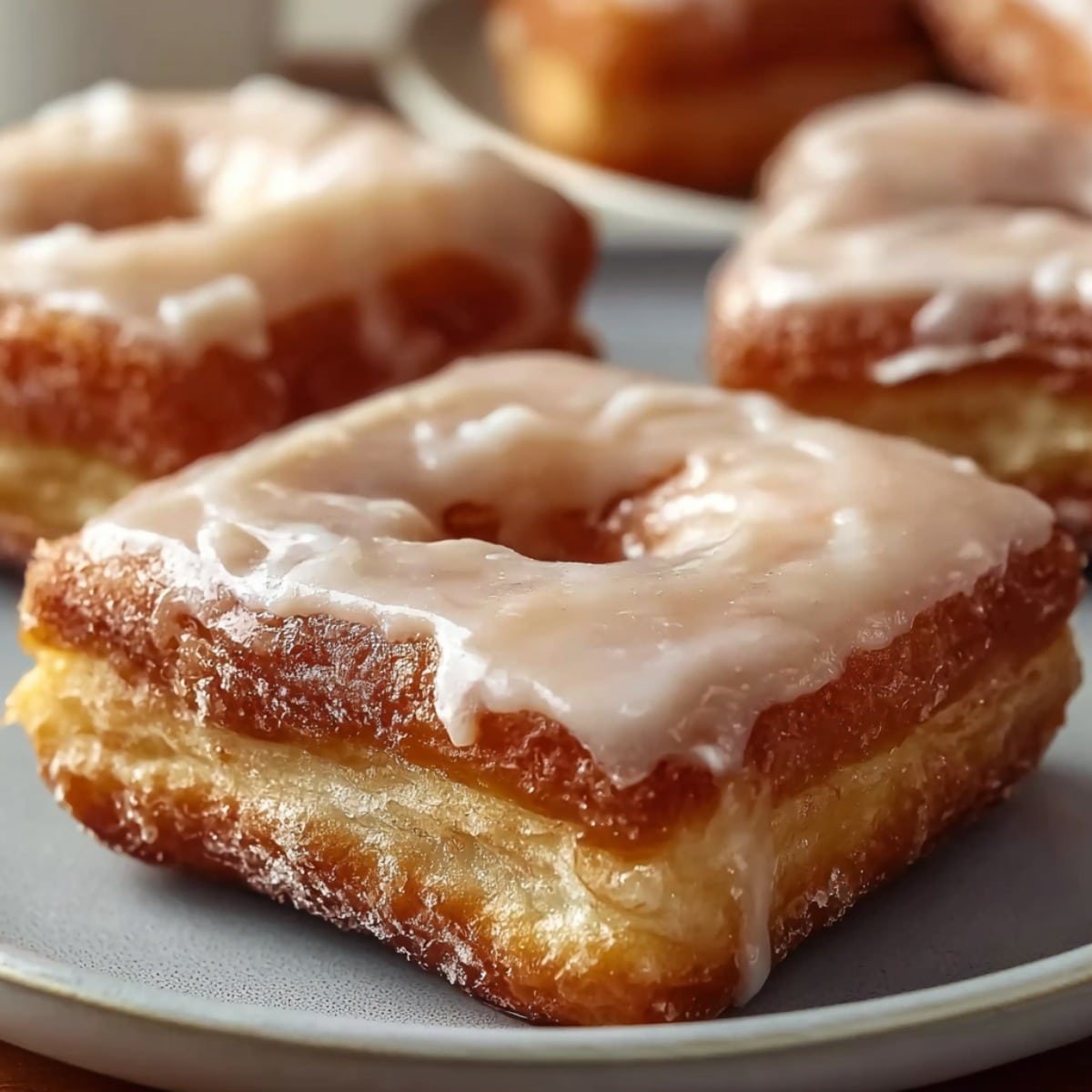 Soft maple donut bars with a thick vanilla glaze, golden fried edges, and a fluffy cake-like interior on a plate