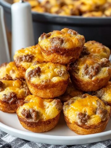 Stack of golden breakfast egg muffins with scrambled eggs, crumbled sausage, and melted cheddar cheese baked in crispy muffin cups, arranged on a white plate