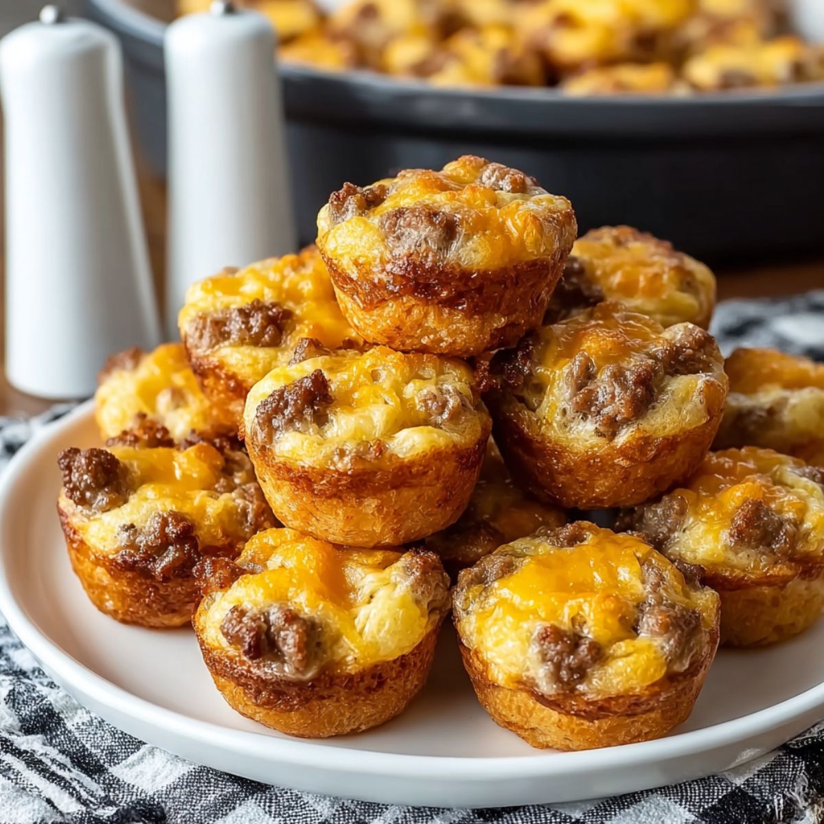 Stack of golden breakfast egg muffins with scrambled eggs, crumbled sausage, and melted cheddar cheese baked in crispy muffin cups, arranged on a white plate