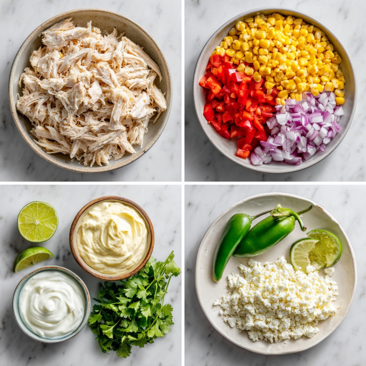 Ingredients for Mexican Street Corn Chicken Salad arranged in a 4-panel flat lay on a white marble kitchen counter.