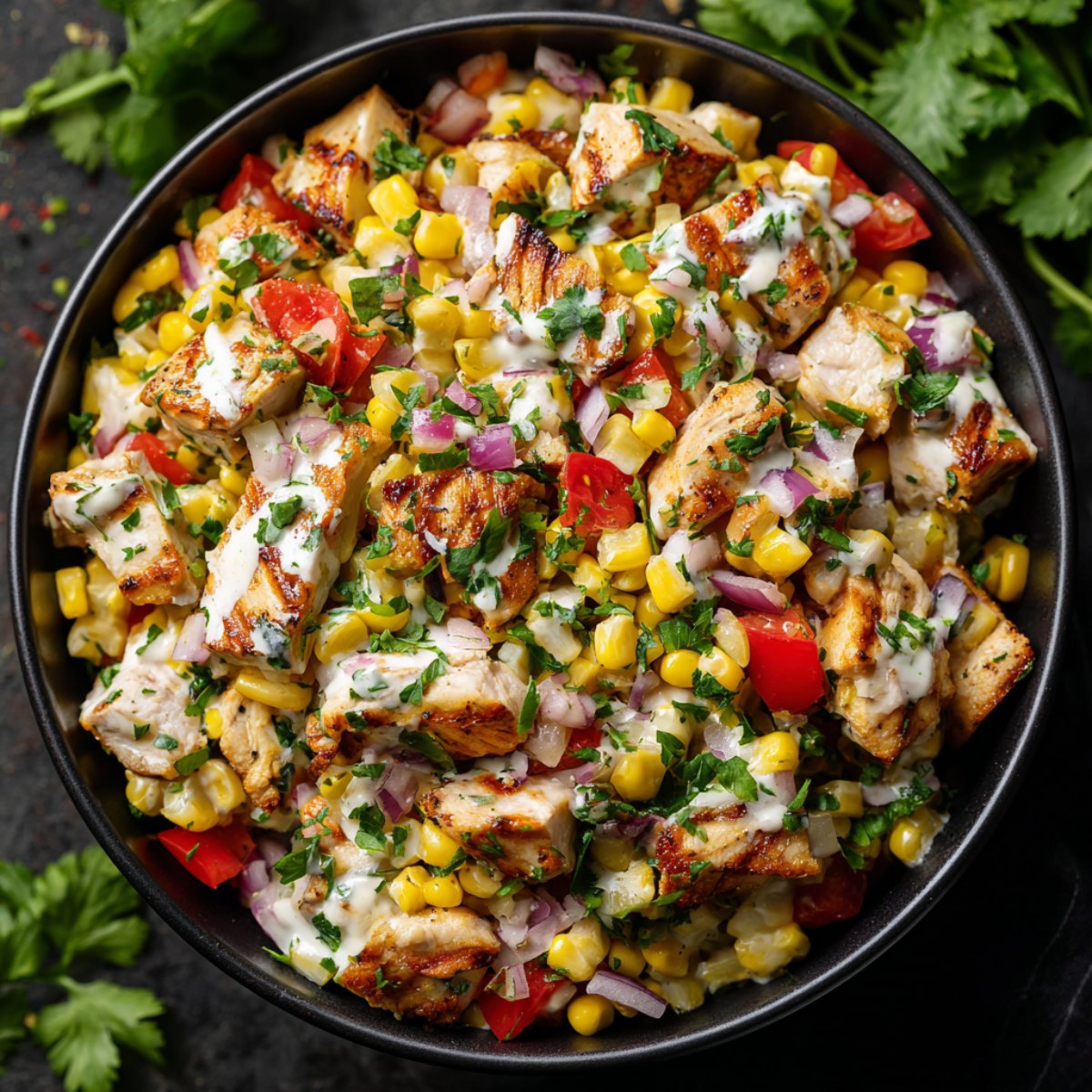 Mexican street corn chicken salad in a black bowl with grilled chicken pieces, sweet corn kernels, diced red bell peppers, red onions, fresh cilantro, and creamy cilantro-lime dressing
