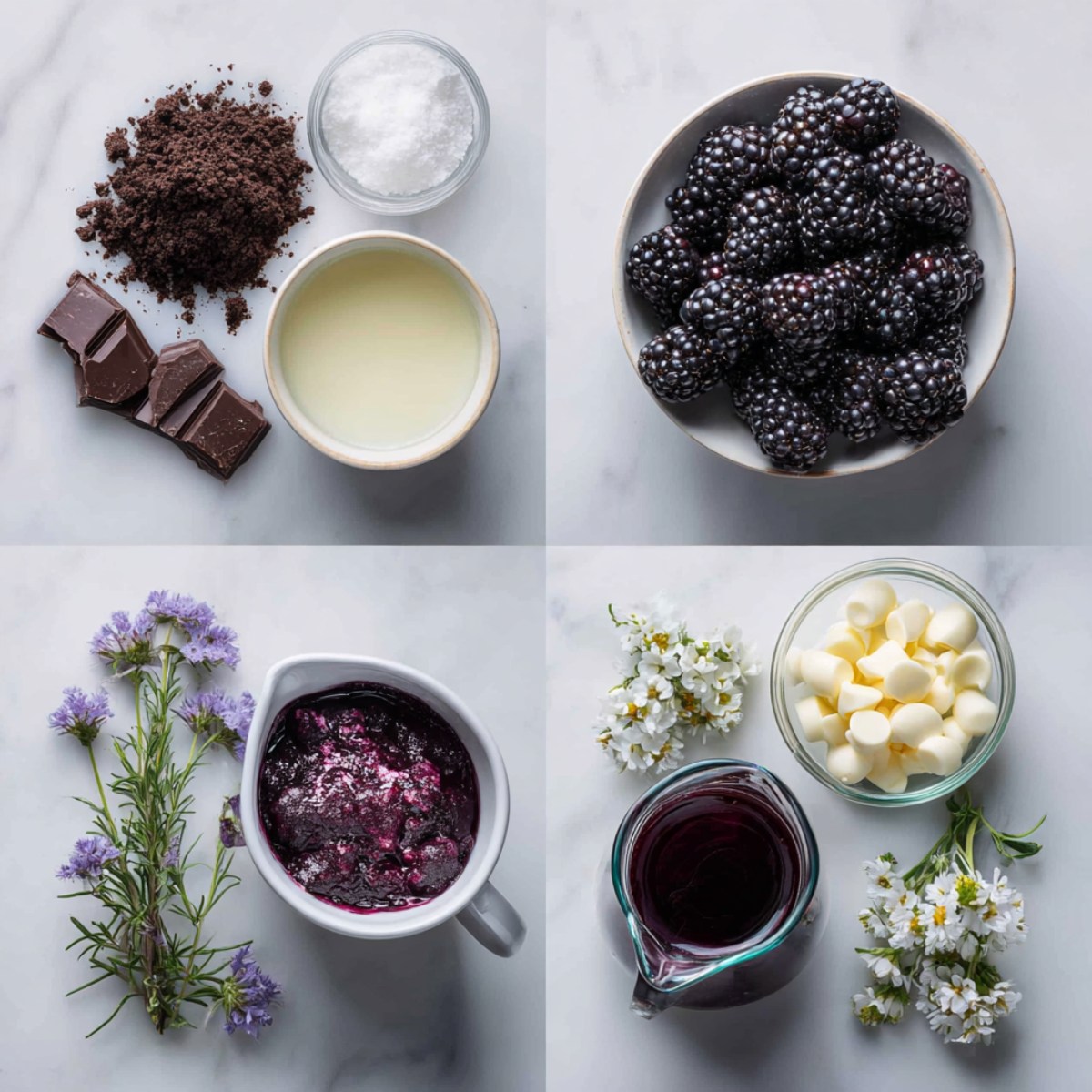 Ingredients for Mini Blackberry Mousse Cakes arranged in a 4-panel flat lay on a white marble kitchen counter.