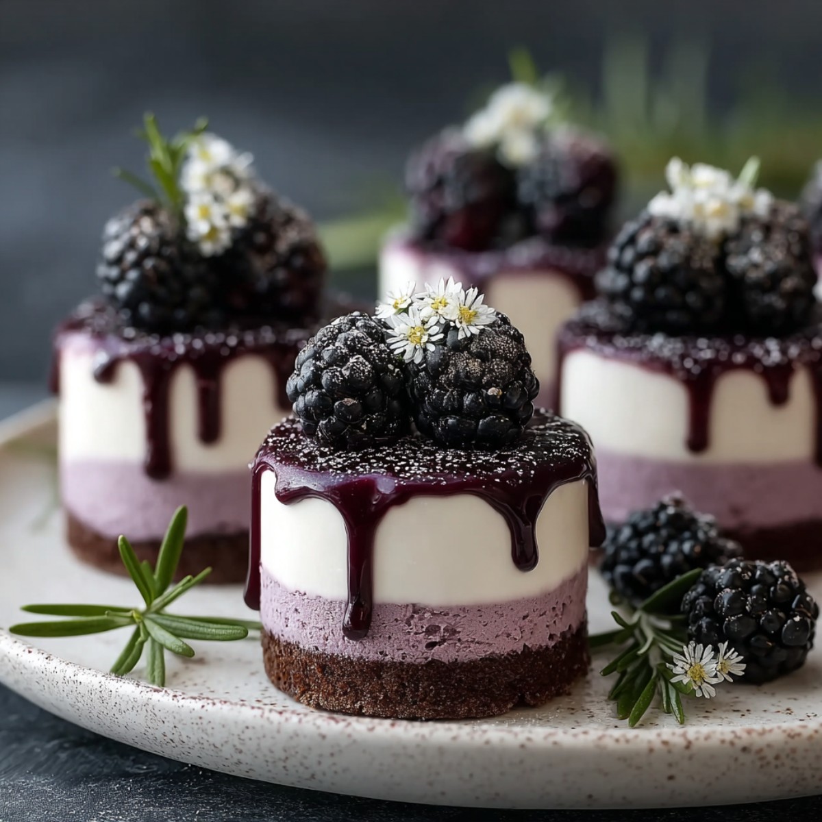 Individual layered desserts with chocolate brownie bases, purple berry mousse layers, white cream tops with dark berry drizzle, and fresh blackberries garnished with small white flowers on a speckled ceramic plate.