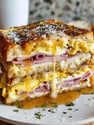 Monte Cristo breakfast casserole stack with layers of toasted bread, ham, scrambled eggs, and melted cheese, finished with a sweet syrup drizzle and herbs.