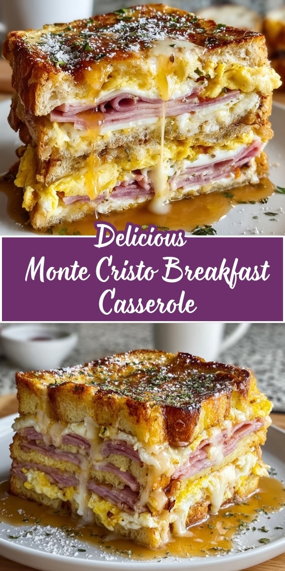 Delicious Monte Cristo breakfast casserole stacked with golden toasted bread, layers of ham, fluffy eggs, and melted cheese, drizzled with syrup and dusted lightly with powdered sugar on a white plate.
