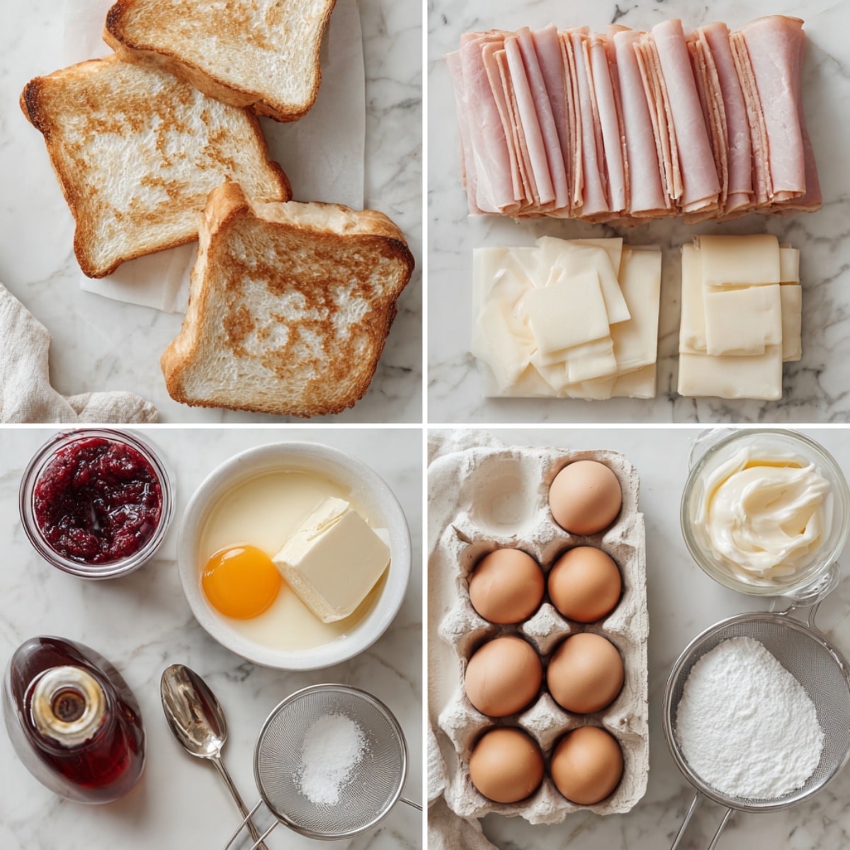 Ingredients for Monte Cristo Breakfast Casserole arranged in a 4-panel flat lay on a white marble kitchen counter.