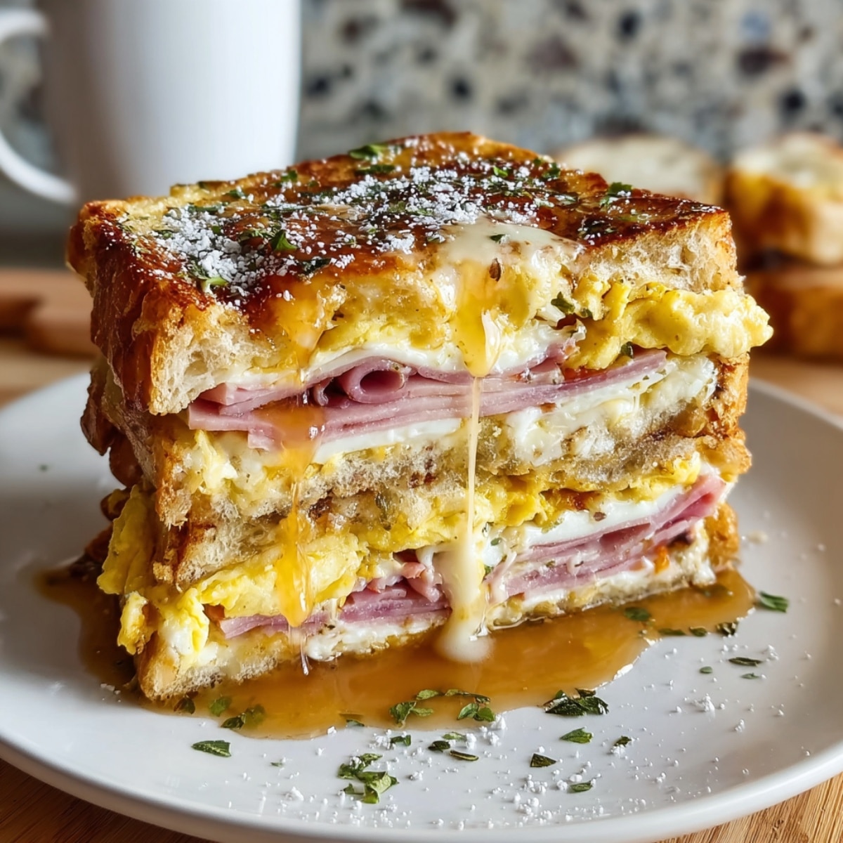 Monte Cristo breakfast casserole stack with layers of toasted bread, ham, scrambled eggs, and melted cheese, finished with a sweet syrup drizzle and herbs.