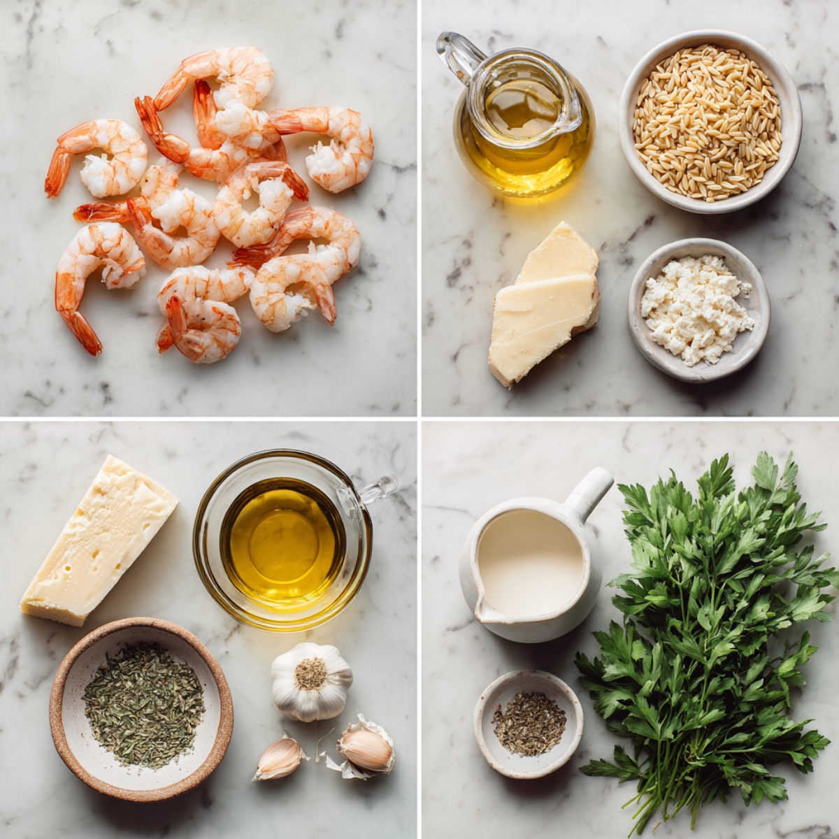 Ingredients for One Pan Parmesan Orzo with Shrimp arranged in a 4-panel flat lay on a white marble kitchen counter.