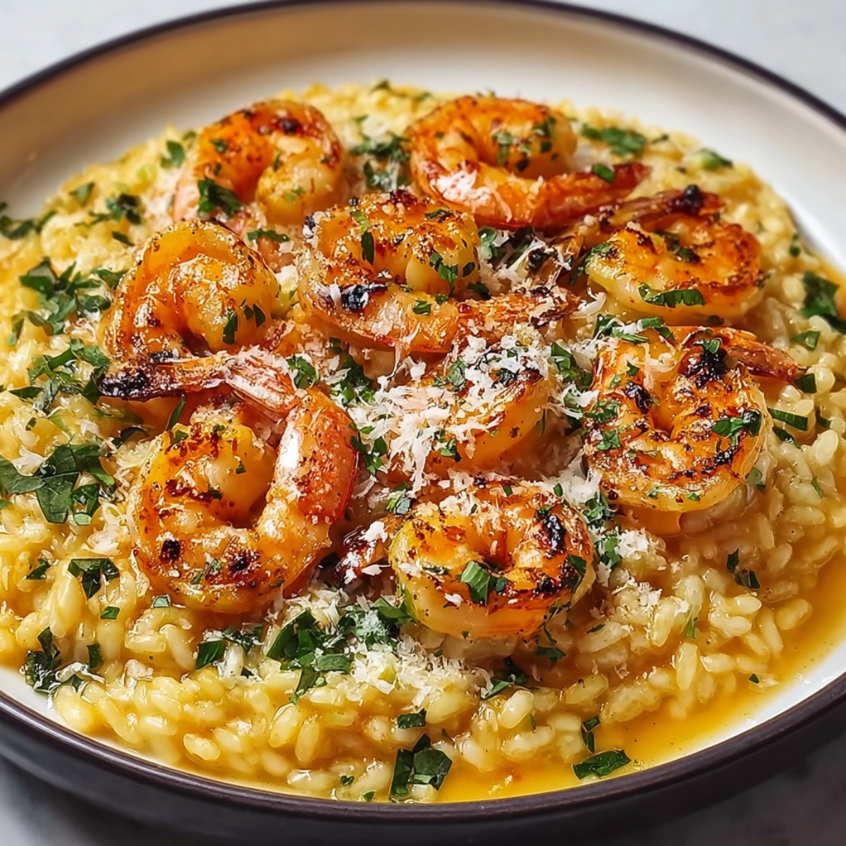 A high-angle, full-plate view of creamy parmesan orzo served on a plate with a dark rim. Seared shrimp are arranged in a circle on top of the pasta, sprinkled with fresh herbs and grated cheese.