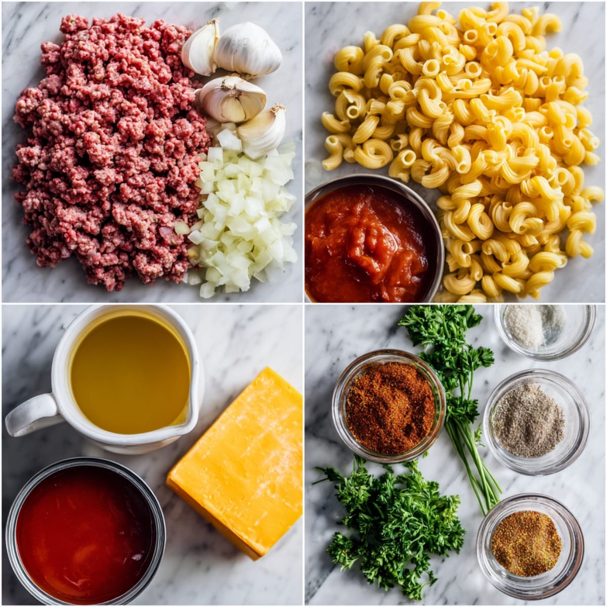 Ingredients for one pot beefaroni arranged in a 4-panel flat lay on a white marble kitchen counter.