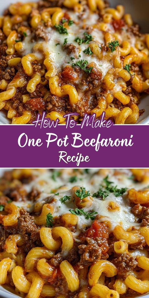 One pot beefaroni recipe with tender elbow macaroni, seasoned ground beef, rich tomato sauce, and melted cheese, garnished with fresh parsley in a cozy skillet-style dish.