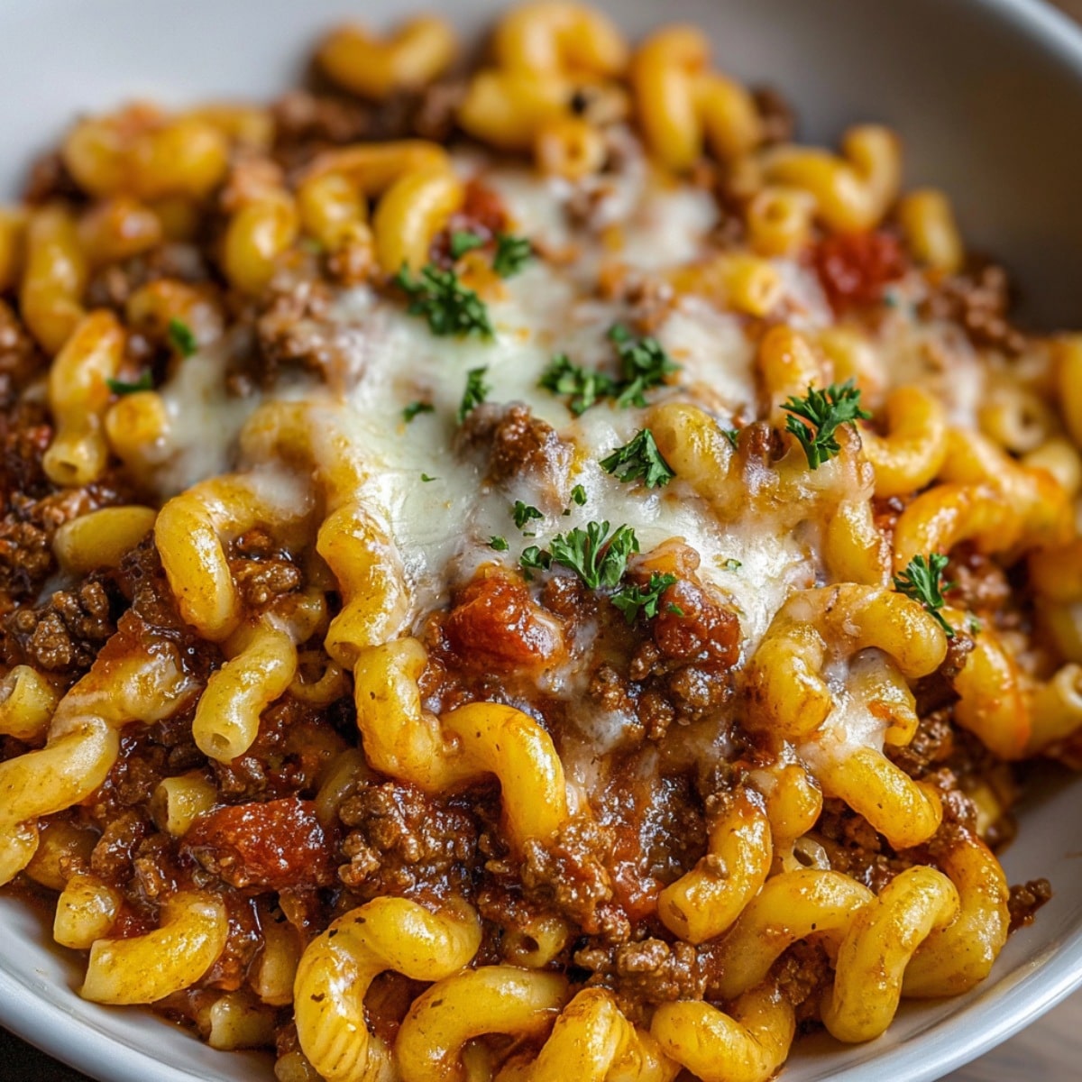 One-pot beefaroni made with tender elbow macaroni, seasoned ground beef, rich tomato sauce, and melted cheese, garnished with fresh parsley in a shallow bowl.