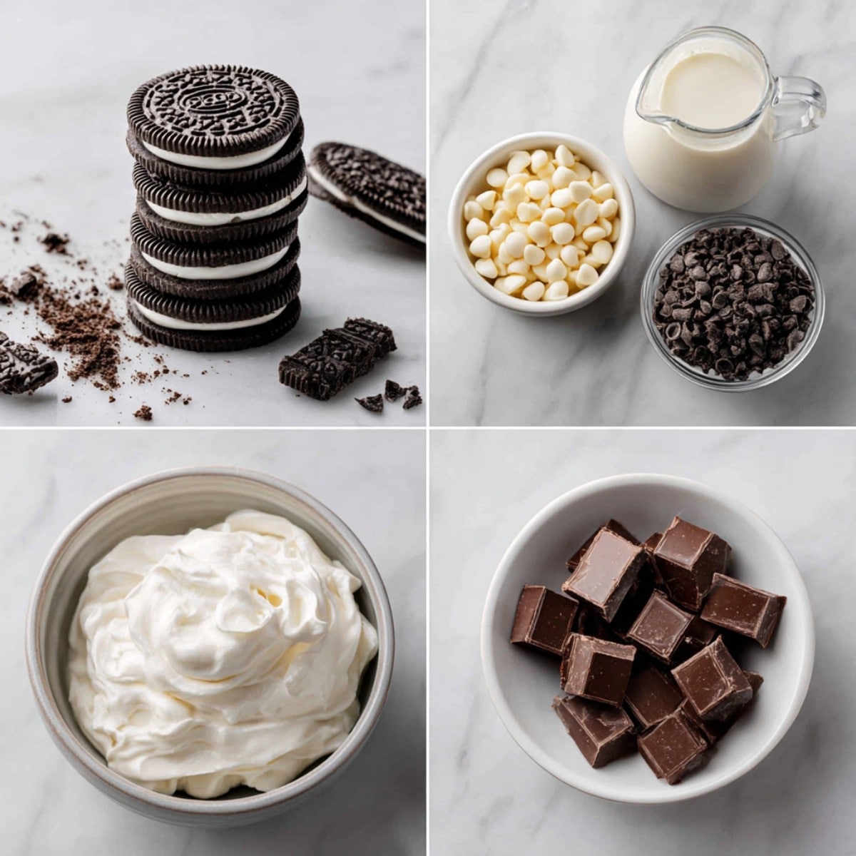 Ingredients for Oreo hot chocolate arranged in a 4-panel flat lay on a white marble kitchen counter.