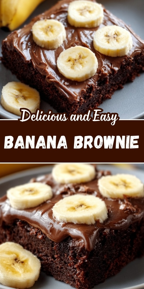 Delicious and easy banana brownie pin featuring a fudgy chocolate brownie topped with smooth chocolate frosting and fresh banana slices on a plate.