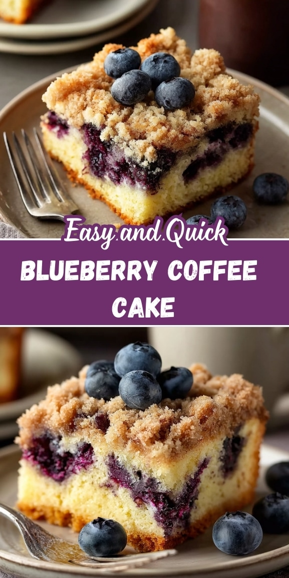 Easy blueberry coffee cake with a buttery crumb topping and juicy blueberries, shown as a moist square slice on a plate, styled for a Pinterest recipe pin.