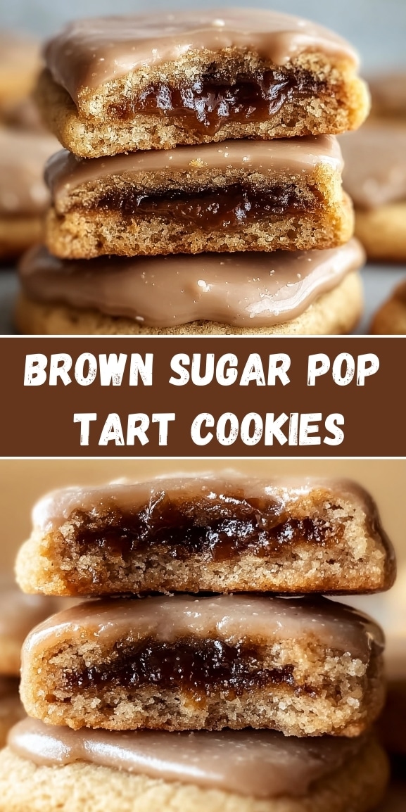 Brown sugar pop tart cookies stacked and sliced to show gooey cinnamon filling, topped with smooth vanilla icing in a Pinterest-style recipe image