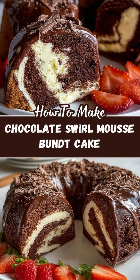 Chocolate swirl mousse bundt cake pin showing sliced cake with creamy vanilla swirl and chocolate glaze