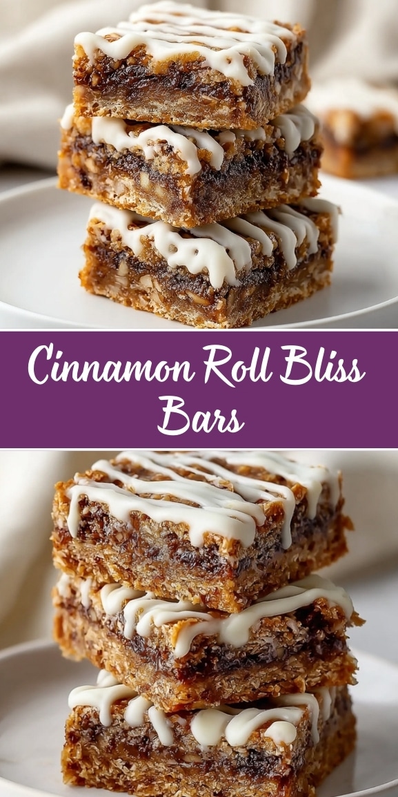 Cinnamon roll bliss bars stacked on a white plate, featuring chewy oat and cinnamon layers with a gooey center and a smooth vanilla icing drizzle on top.