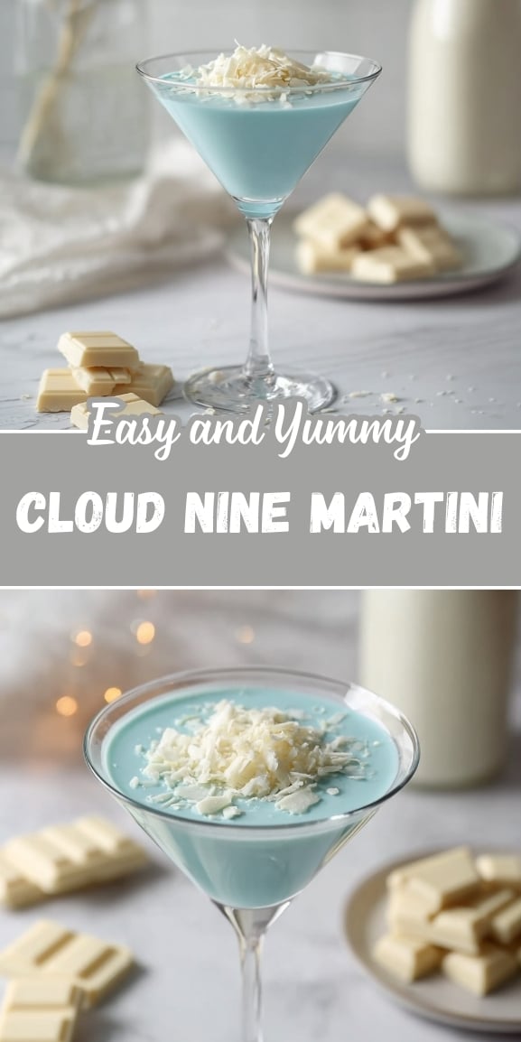 Cloud Nine martini pin showing creamy blue cocktail topped with white chocolate shavings