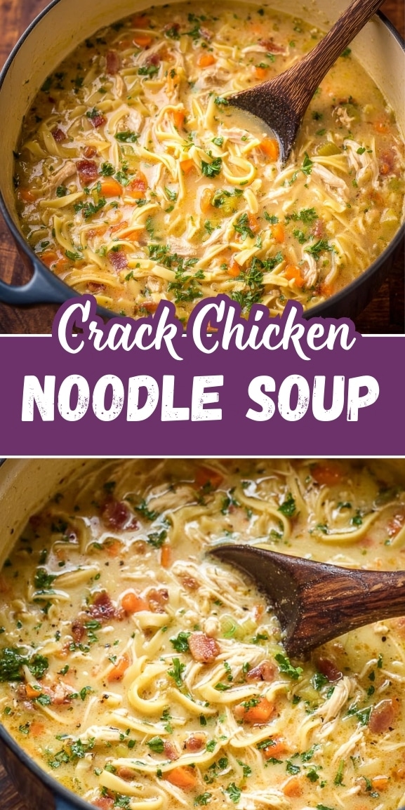 Crack chicken noodle soup in a Dutch oven with shredded chicken, crispy bacon, egg noodles, carrots, celery, and fresh herbs in a rich, creamy broth, stirred with a wooden spoon.