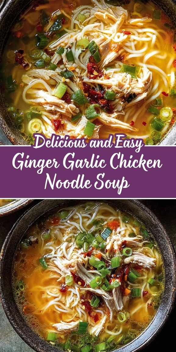 Delicious and easy ginger garlic chicken noodle soup with shredded chicken, tender noodles, green onions, and chili flakes simmered in a savory golden broth, served hot in a rustic bowl.
