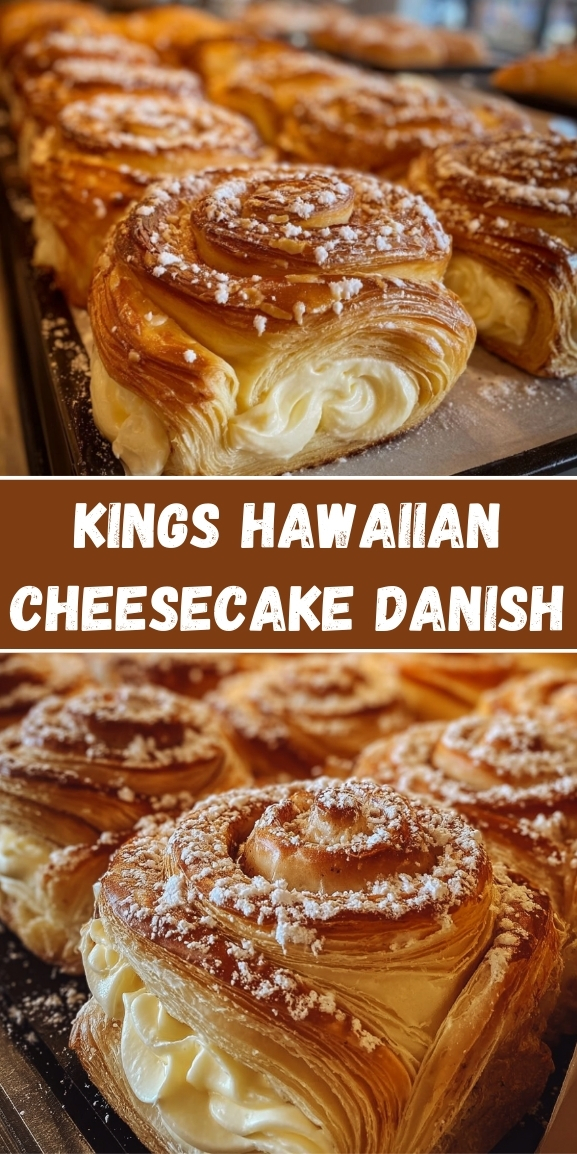King’s Hawaiian cheesecake danish made with flaky layered pastry, rich cream cheese filling, and powdered sugar topping displayed in a bakery-style pin layout