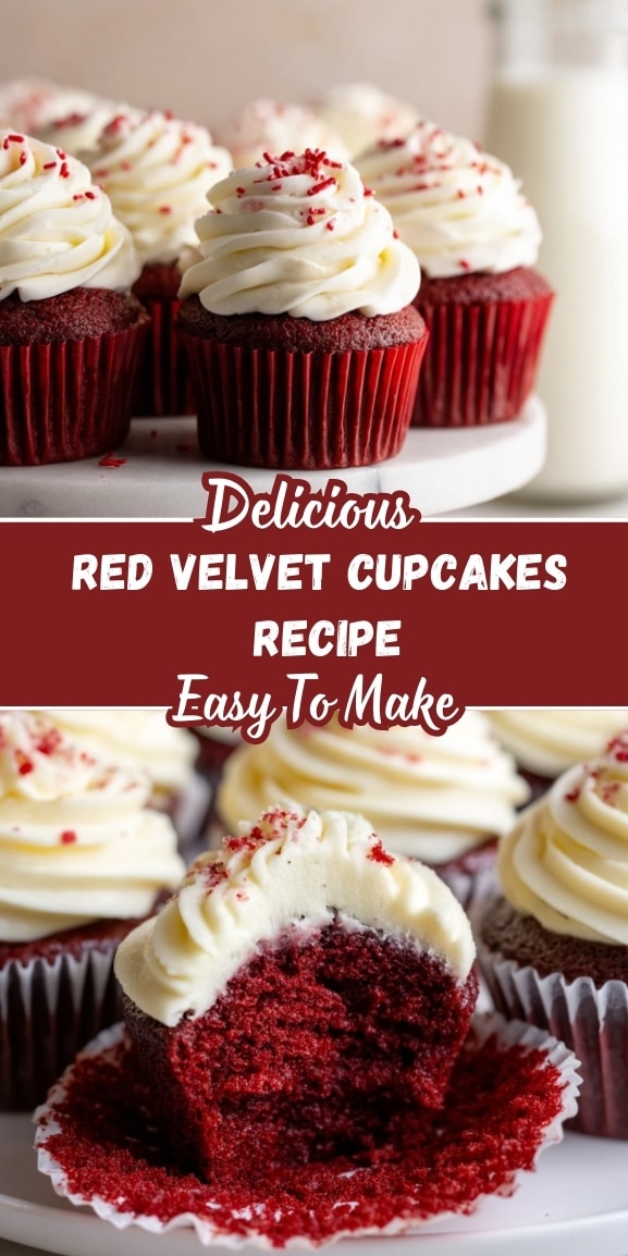 Red velvet cupcakes recipe pin showing frosted cupcakes and a moist red velvet center