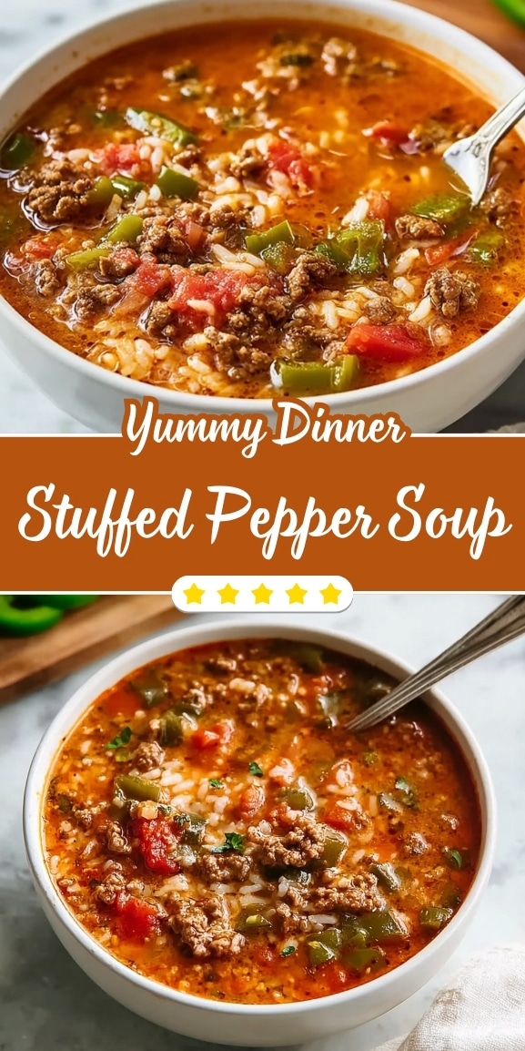 Pinterest pin showing stuffed pepper soup with ground beef, rice, tomatoes, and green bell peppers simmered in a rich tomato broth, served in a white bowl for an easy, comforting dinner.