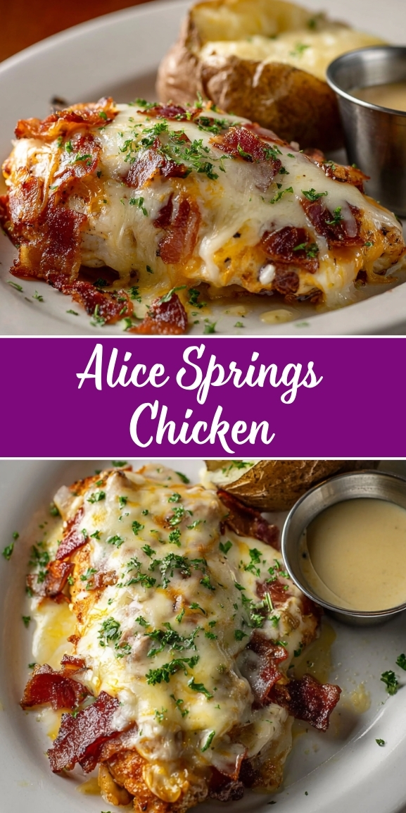 Alice Springs Chicken topped with melted cheese and crispy bacon, served with a baked potato and honey mustard sauce, shown in a Pinterest-style food image.
