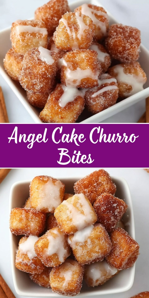 Angel cake churro bites coated in cinnamon sugar with a vanilla glaze drizzle, stacked in a white bowl with a title banner reading “Angel Cake Churro Bites.”