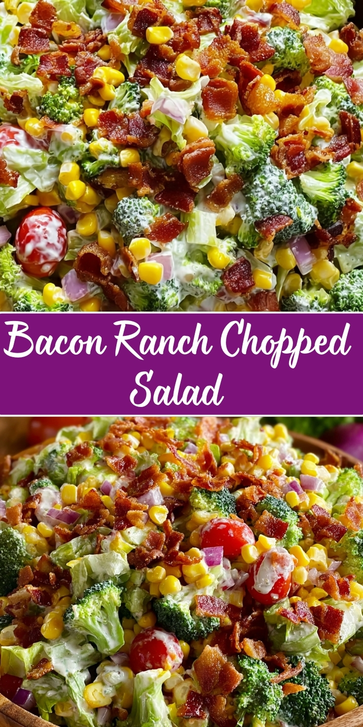 Bacon ranch chopped salad with crispy bacon pieces, fresh broccoli florets, chopped iceberg lettuce, sweet corn kernels, diced red onions, and cherry tomatoes tossed in creamy ranch dressing