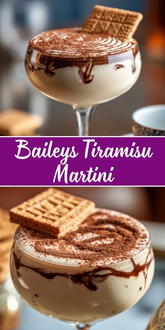 Baileys tiramisu martini in a coupe glass with chocolate drizzle inside the glass, cocoa-dusted foam, and a crisp wafer cookie garnish on top.