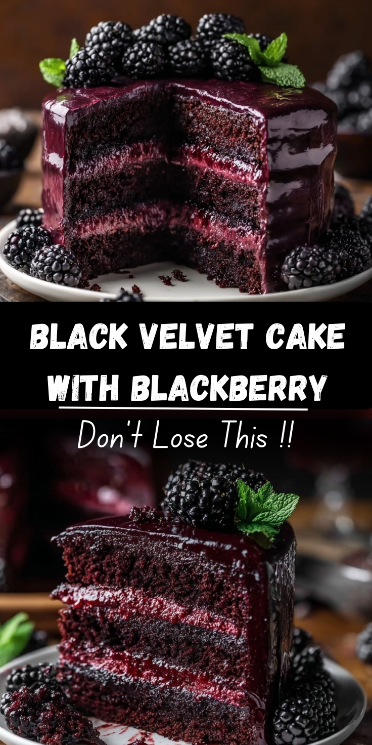 A vertical graphic featuring a whole black velvet cake on the top half and a detailed slice on the bottom half, separated by black text that reads "BLACK VELVET CAKE WITH BLACKBERRY".