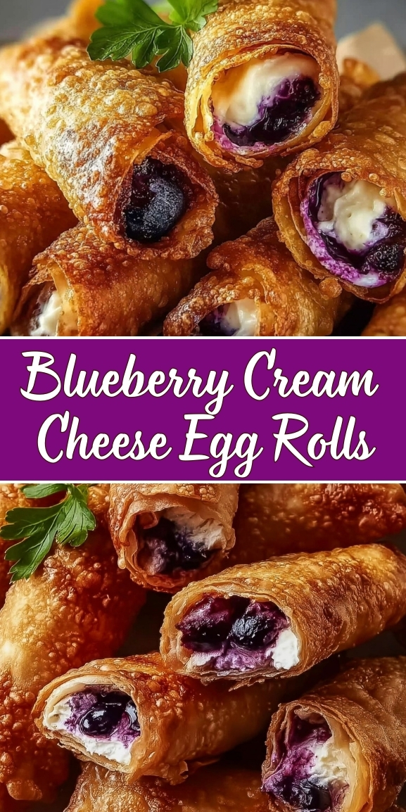 Blueberry cream cheese egg rolls with crispy golden wrappers and creamy cheesecake filling, topped with juicy blueberries, Pinterest-style dessert image