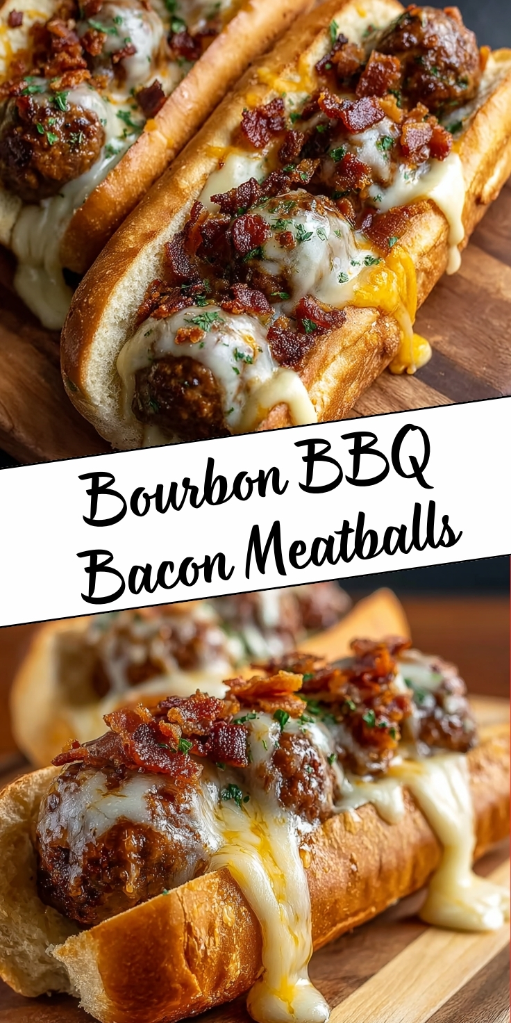 A vertical Pinterest graphic showing two sub sandwiches filled with large meatballs smothered in melted cheese and crispy bacon bits. The top half shows two subs resting on a wooden board, while the bottom half features a close-up of a single sub with gooey cheese dripping down the side.