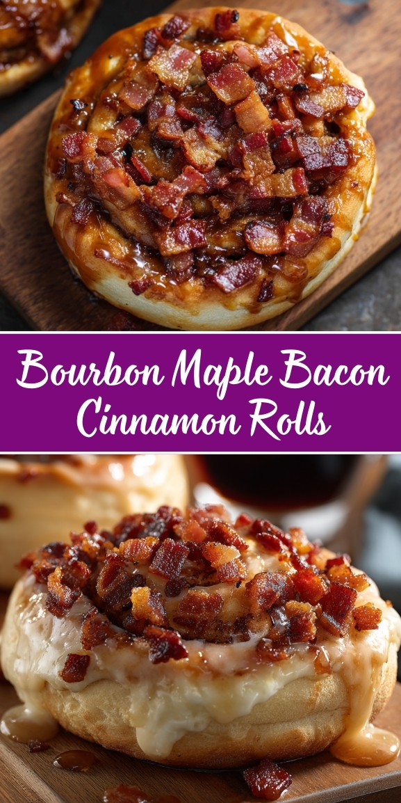 Bourbon maple bacon cinnamon rolls with fluffy dough, bourbon-maple glaze, and crispy bacon bits on top, shown on a wooden board