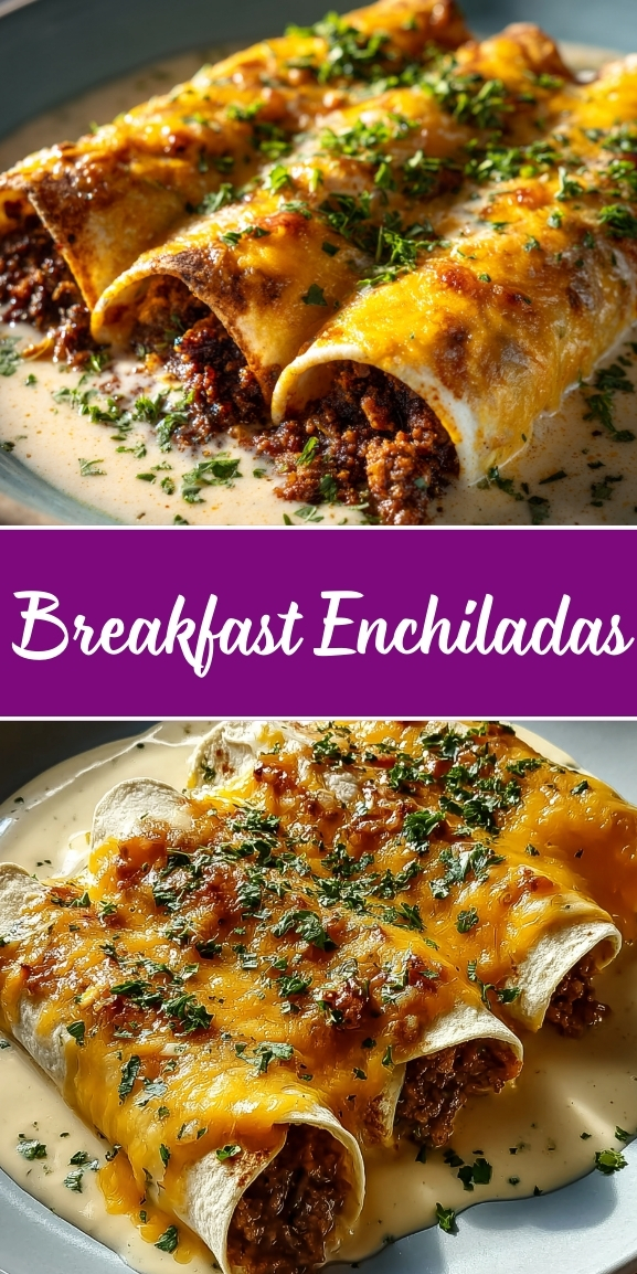 "Breakfast enchiladas filled with seasoned ground beef or sausage, topped with melted cheddar cheese, creamy sauce, and fresh parsley