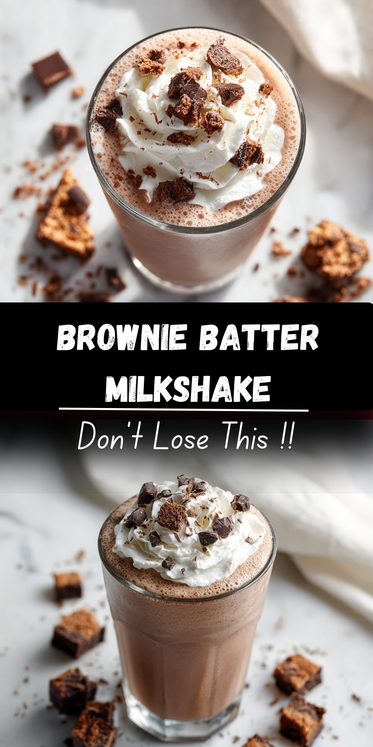 Frozen brownie batter milkshake in a clear glass with creamy chocolate milkshake base, topped with swirled whipped cream and chunks of brownies and chocolate, surrounded by brownie pieces and chocolate chunks on a white marble surface.