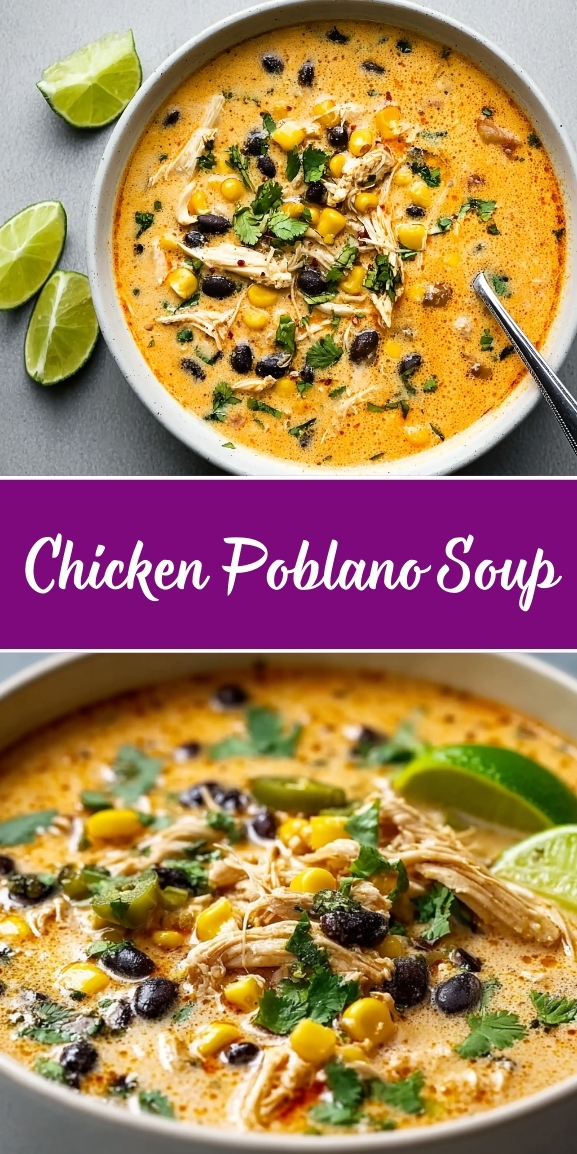 Creamy chicken poblano soup in a white bowl with shredded chicken, black beans, corn, fresh cilantro, and a drizzle of cream in an orange-tinted broth, garnished with lime wedges on the side.