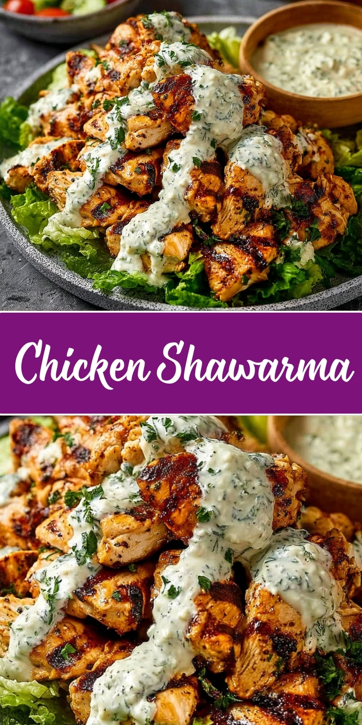 Grilled chicken shawarma with charred edges served on a bed of lettuce, drizzled with creamy tahini sauce and garnished with fresh parsley, with a wooden bowl of extra sauce on the side