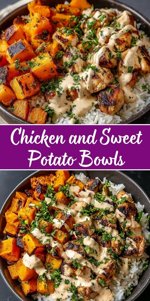 Chicken and sweet potato bowls with roasted chicken, caramelized sweet potatoes, fluffy rice, fresh herbs, and creamy sauce drizzle