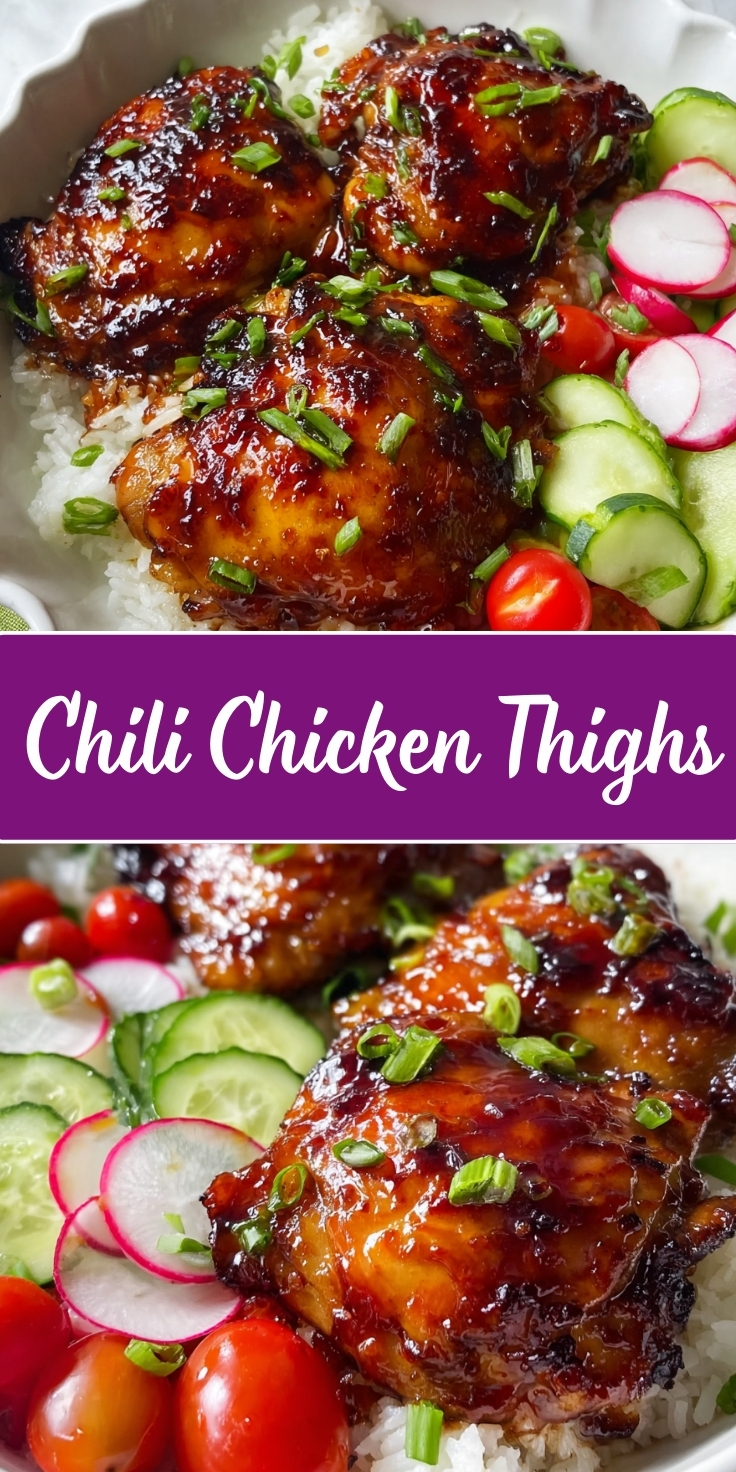 Sticky chili chicken thighs glazed with sweet and spicy sauce, garnished with sliced green onions and sesame seeds, served over white rice with cucumber slices, radish slices, and cherry tomatoes