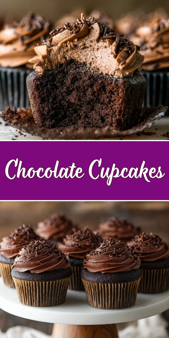 Chocolate cupcakes with rich chocolate frosting and sprinkles, shown as a cut cupcake and a full batch on a serving stand.