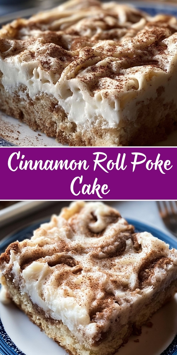 Cinnamon roll poke cake with soft vanilla cake soaked in cinnamon sugar, topped with thick cream cheese frosting and a generous dusting of cinnamon on top.