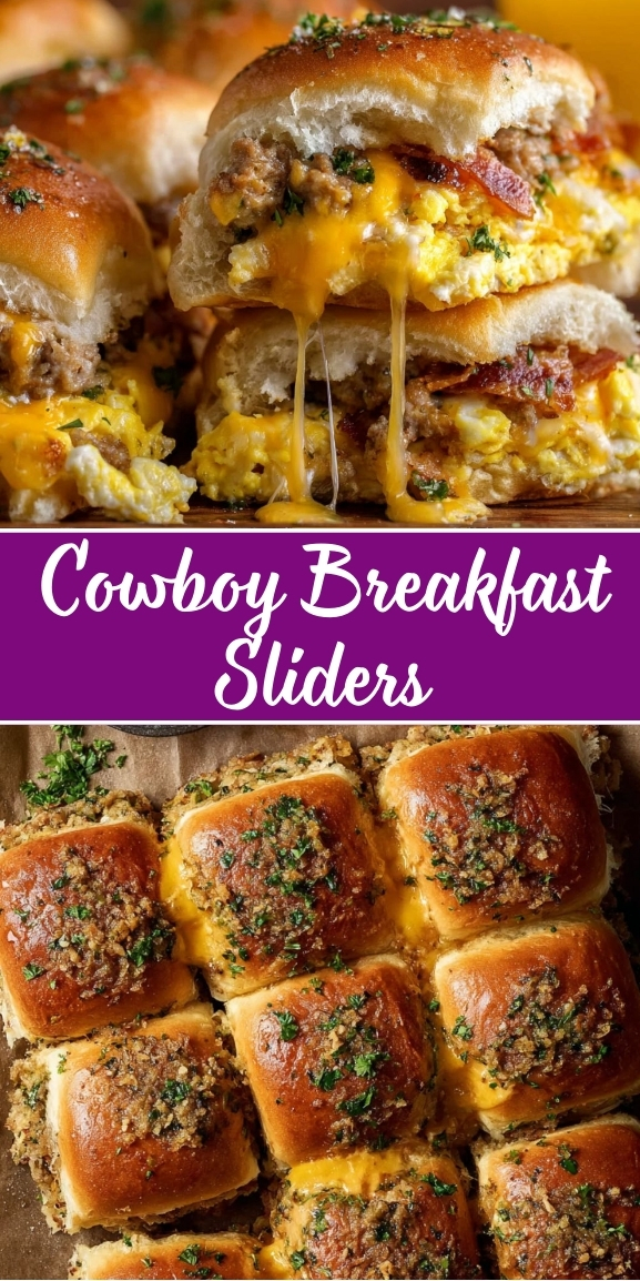 Cowboy breakfast sliders with scrambled eggs, breakfast sausage, crispy bacon, and melted cheddar cheese on golden slider buns brushed with garlic butter and topped with fresh parsley, showing melted cheese stretching between sliders