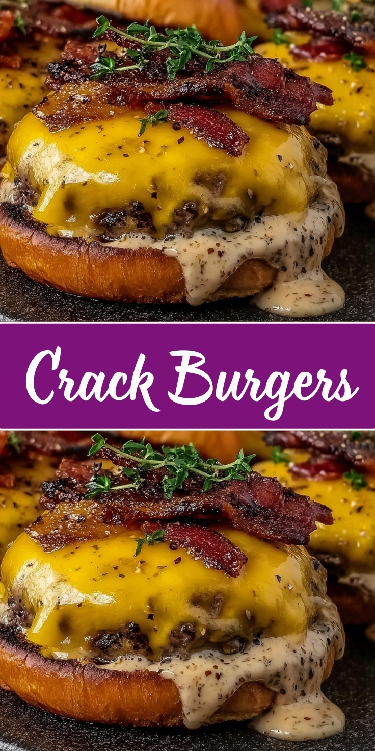 Crack burger with grilled beef patty topped with melted cheddar cheese, crispy bacon strips, and fresh herbs on a toasted bun with creamy ranch dressing dripping down the sides, seasoned with black pepper