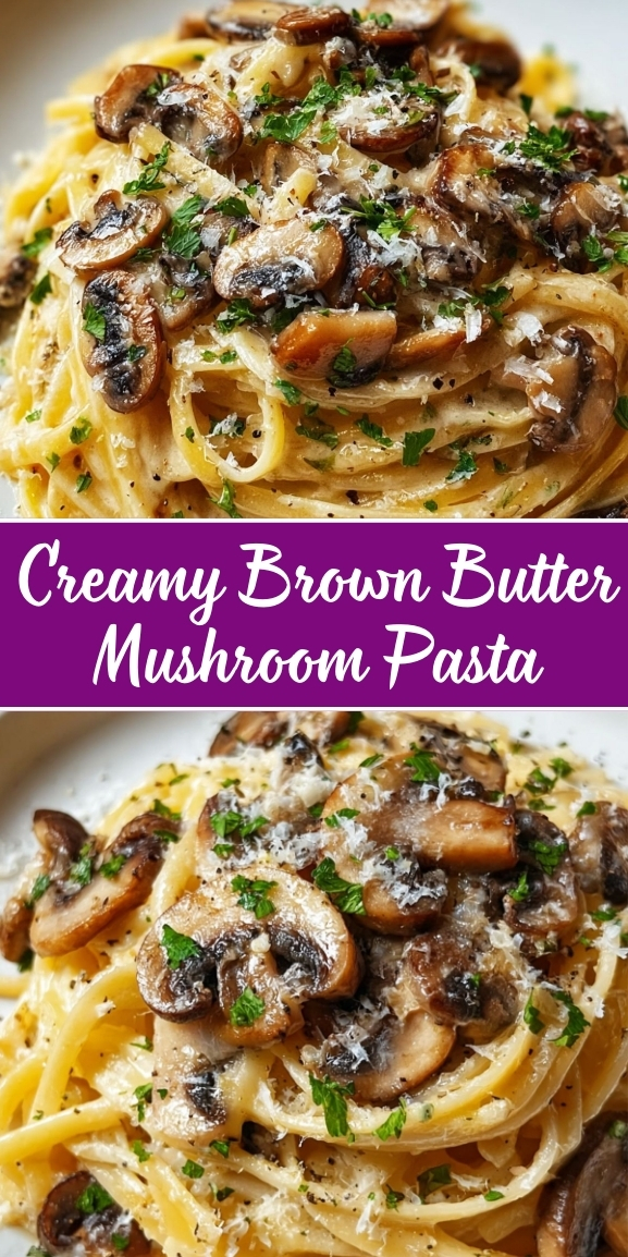 Creamy brown butter mushroom pasta topped with sautéed mushrooms, fresh herbs, and grated cheese on a white plate.