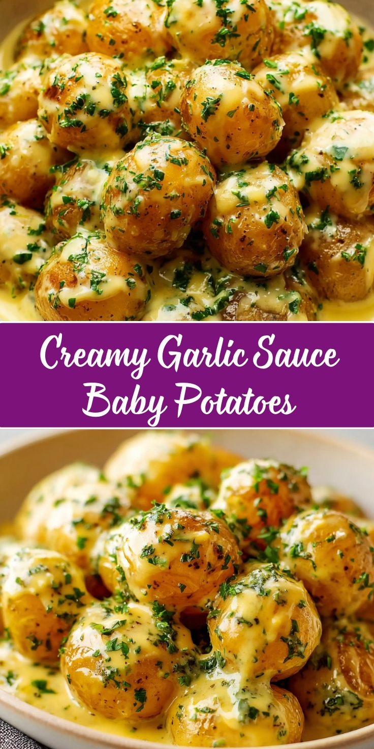 Golden roasted baby potatoes coated in creamy garlic sauce with fresh chopped parsley, black pepper, and a glossy butter finish, served in a bowl with sauce pooling around the potatoes.
