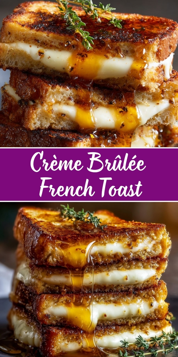Stack of crème brûlée French toast with caramelized sugar coating, layers of melted cheese, drizzled with syrup, and garnished with fresh thyme